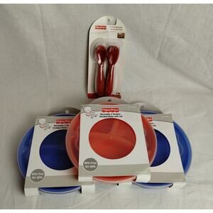 3 Fisher Price Reusable Three Section Divided Plates with 12 Forks Spoons